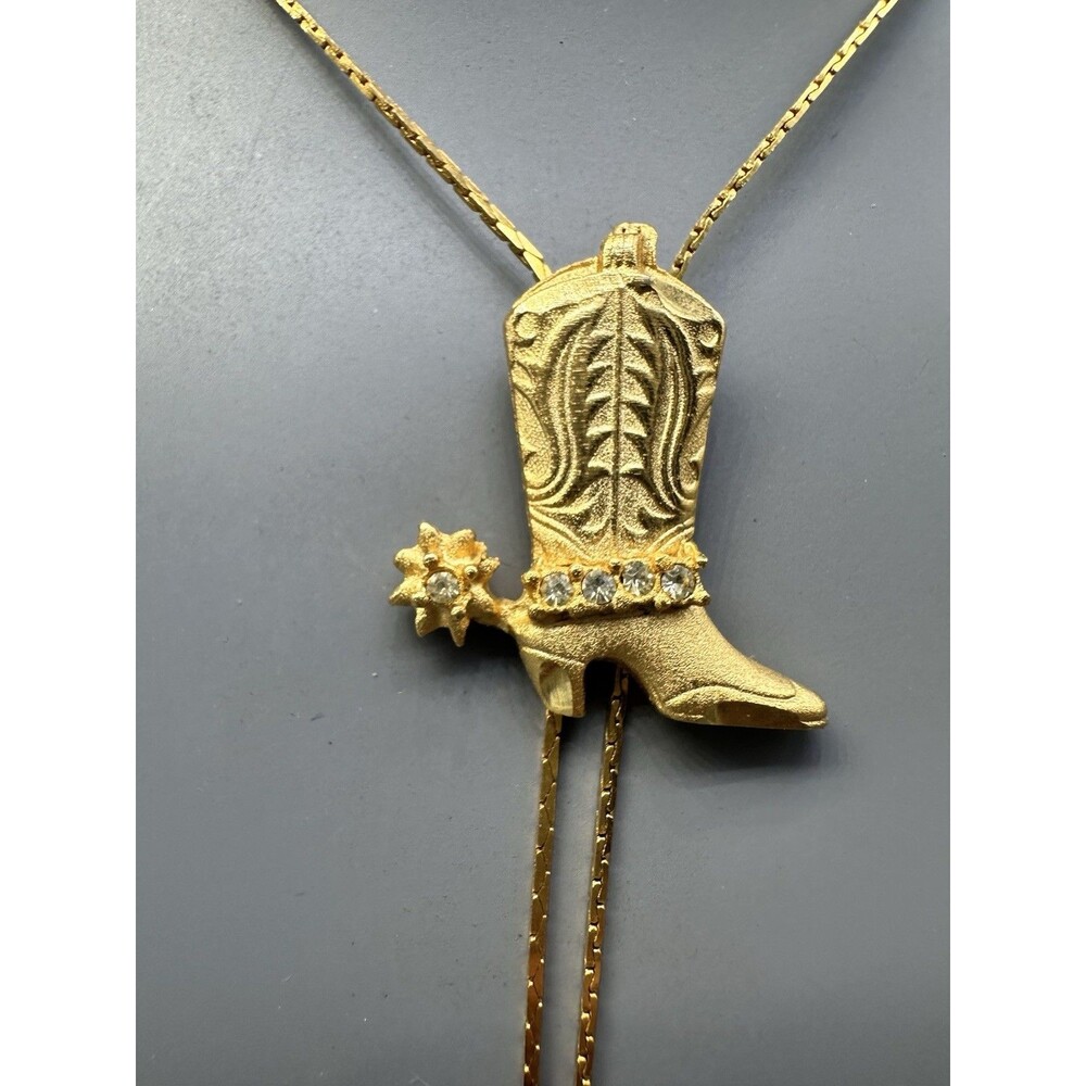 Western Cowboy Boot Spurs Lariat Necklace Bolo Pendant Gold Tone Rhinestone 24”